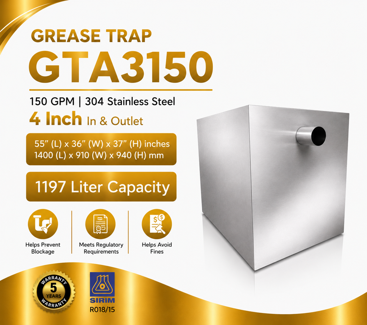 Grease Trap GTA3150 | 150 GPM | 1197 Liter Capacity