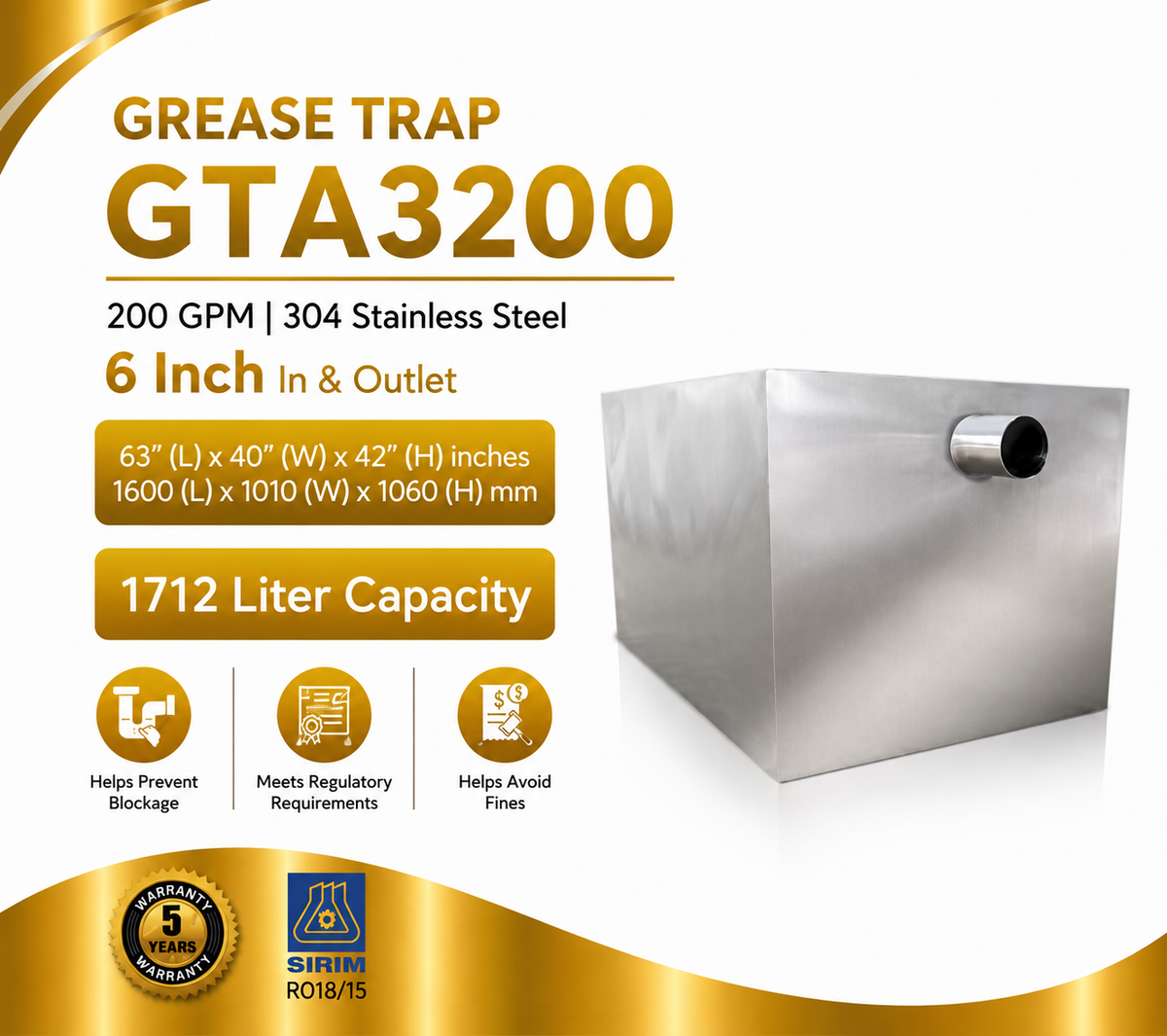 Grease Trap GTA3200 | 200 GPM | 1712 Liter Capacity