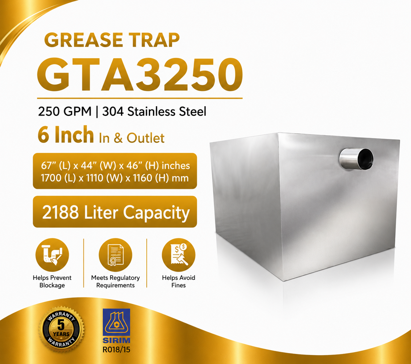 Grease Trap GTA3250 | 250 GPM | 2188 Liter Capacity