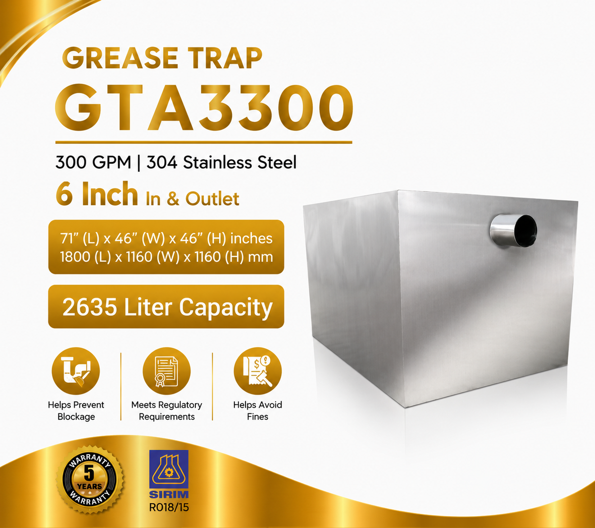 Grease Trap GTA3300 | 300 GPM | 2635 Liter Capacity
