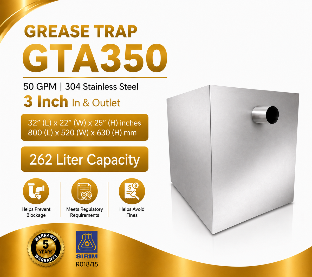 Grease Trap GTA350 | 50 GPM | 262 Liter Capacity