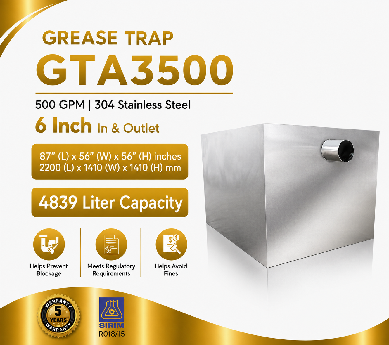 Grease Trap GTA3500 | 500 GPM | 4839 Liter Capacity