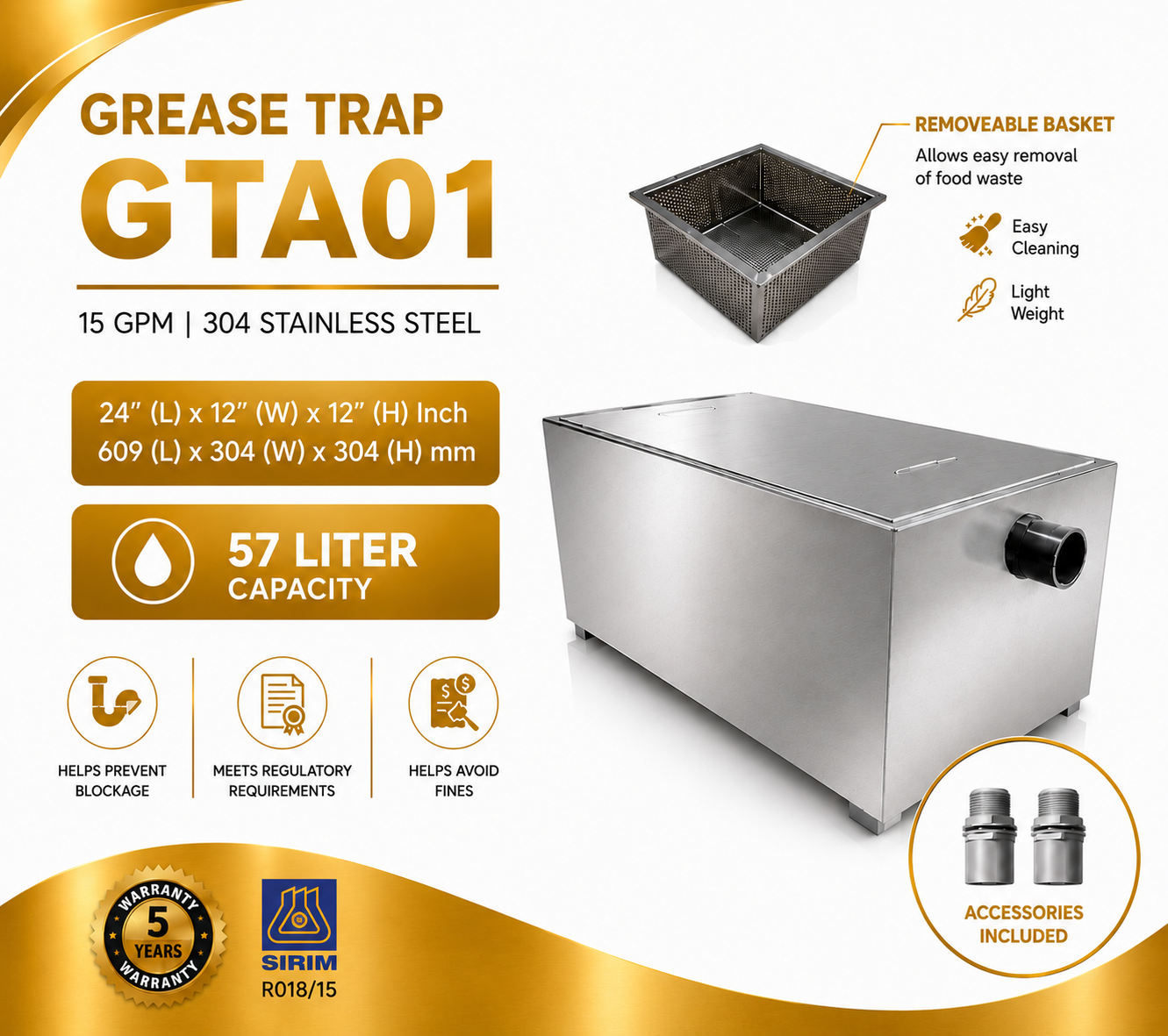 Undersink Grease Trap GTA01 | 15 GPM | 57 Liter Capacity