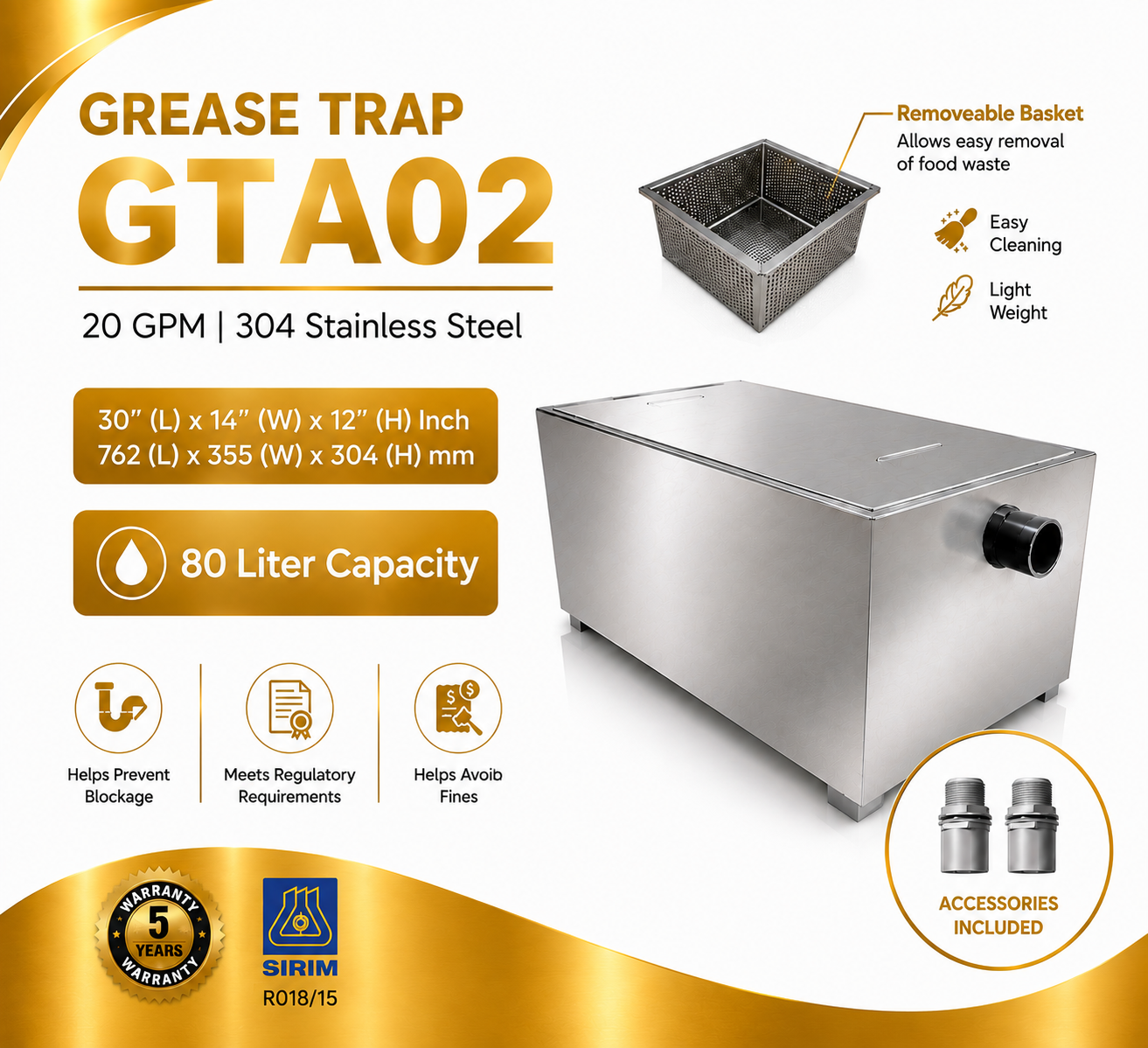 Undersink Grease Trap GTA02 | 20 GPM | 80 Liter Capacity